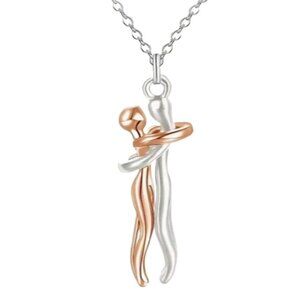Stainless Steel Hugging Couple Pendant Necklace - Silver Male & Rose Gold Female